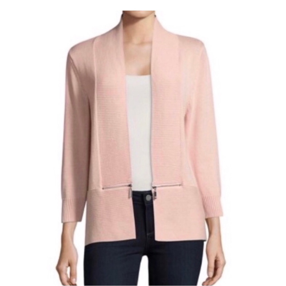 Ivanka Trump Pink Cardigan Sweater Gold Zippers Shawl Collar